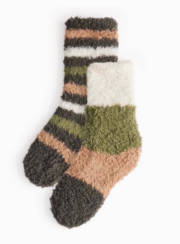 Khaki Striped Fluffy Cosy Socks 2 Pack 6-8.5
